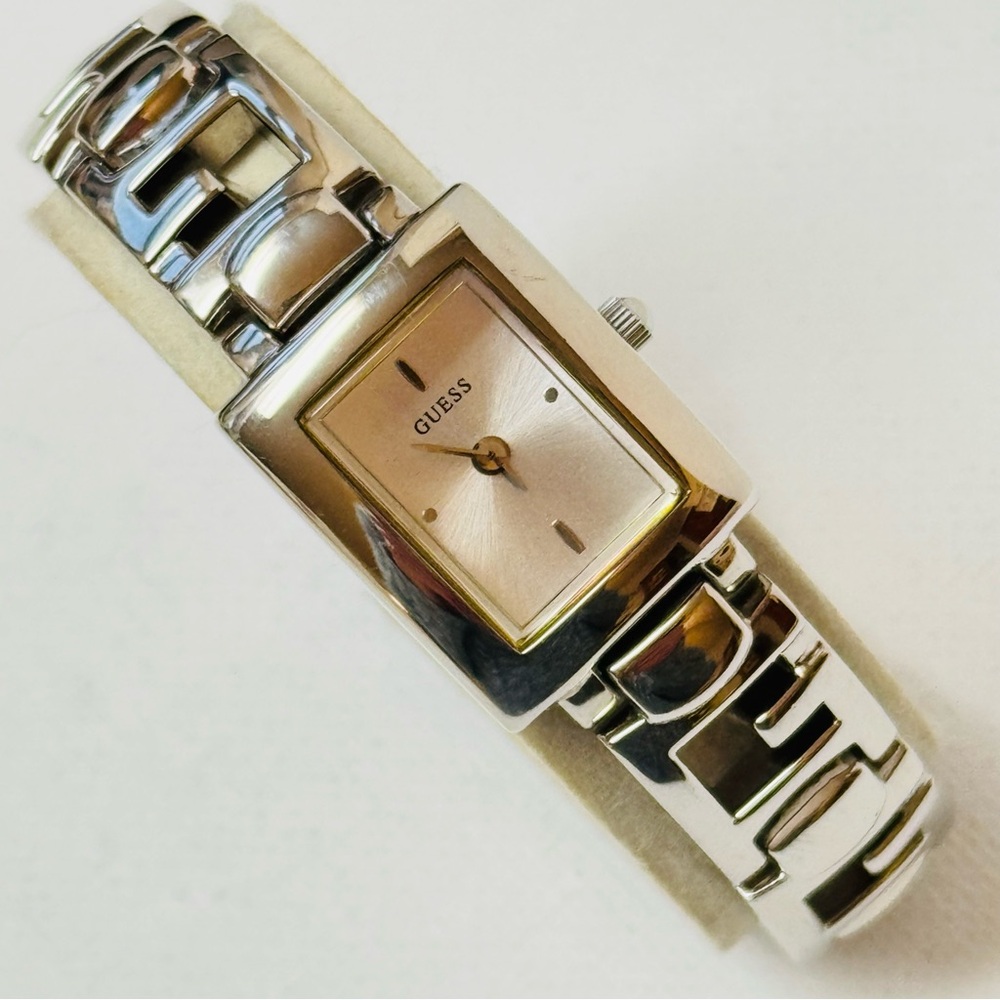 Vintage Guess Women's 6" MAX! Tank Watch Silver Dial Logo Bracelet G65096L